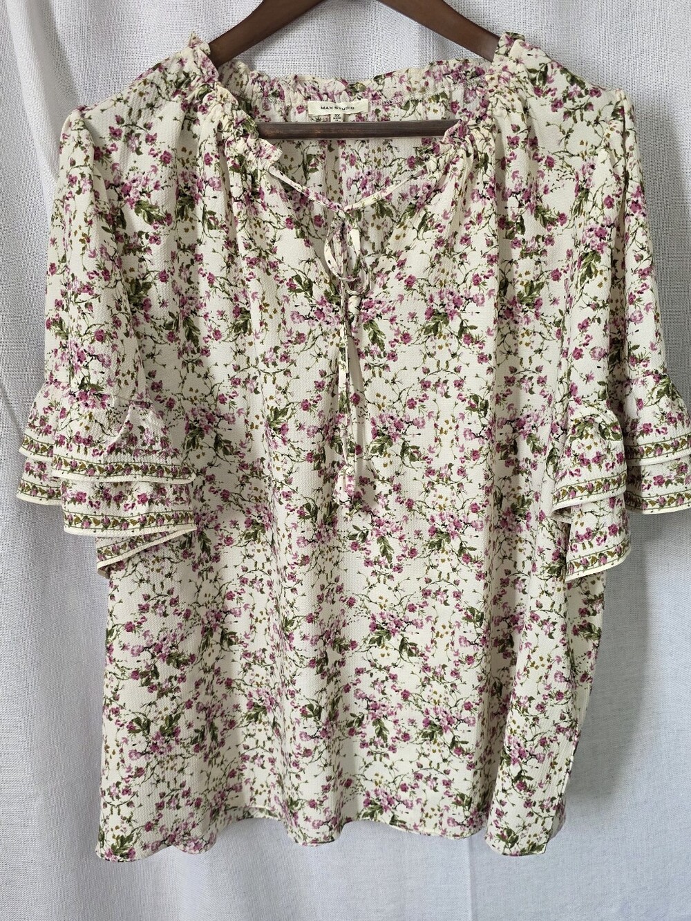 Max Studio Pink Floral Ruffle Sleeve Tie Neck Top 3X